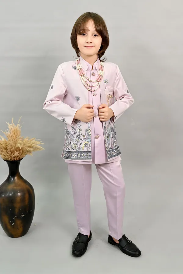 Lilac_Satin_Blend_Sherwani_And_Churidar_Set_Embroidered_For_Boys