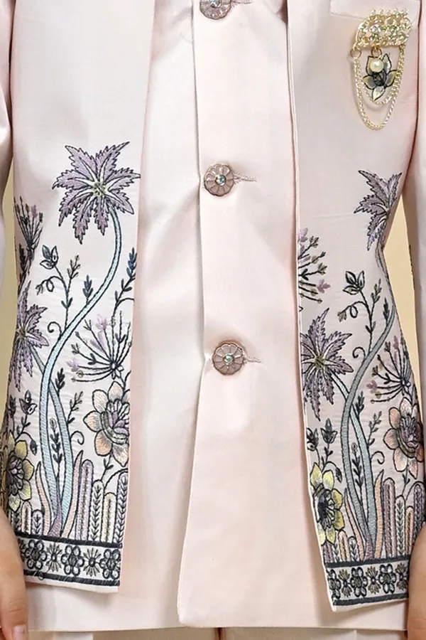 Soft_Pink_Satin_Blend_Sherwani_And_Churidar_Set_Embroidered_For_Boys