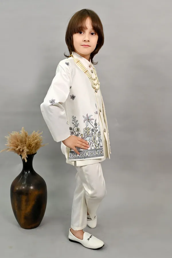 Off_White_Satin_Blend_Sherwani_And_Churidar_Set_Embroidered_For_Boys