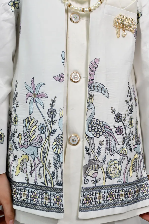 Off_White_Satin_Blend_Sherwani_And_Churidar_Set_Embroidered_For_Boys