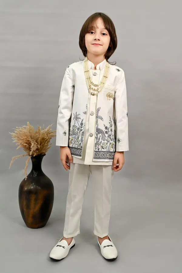 Off_White_Satin_Blend_Sherwani_And_Churidar_Set_Embroidered_For_Boys