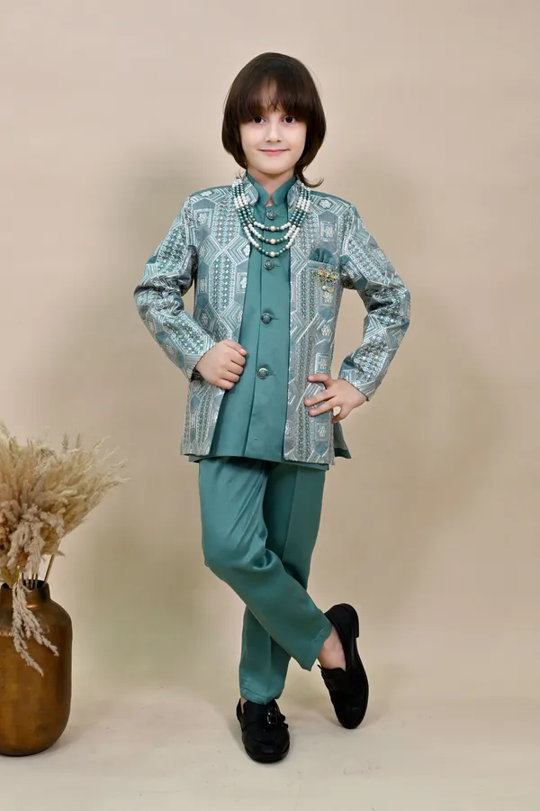 Sea_Green_Satin_Blend_Sherwani_And_Churidar_Set_Ethnic_Motifs_For_Boys
