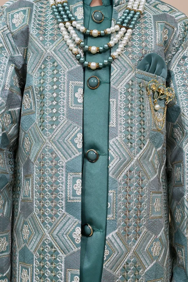 Sea_Green_Satin_Blend_Sherwani_And_Churidar_Set_Ethnic_Motifs_For_Boys