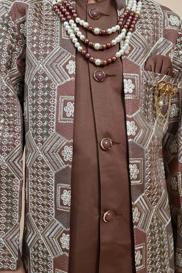 Coffee_Brown_Satin_Blend_Sherwani_And_Churidar_Set_Ethnic_Motifs_For_Boys