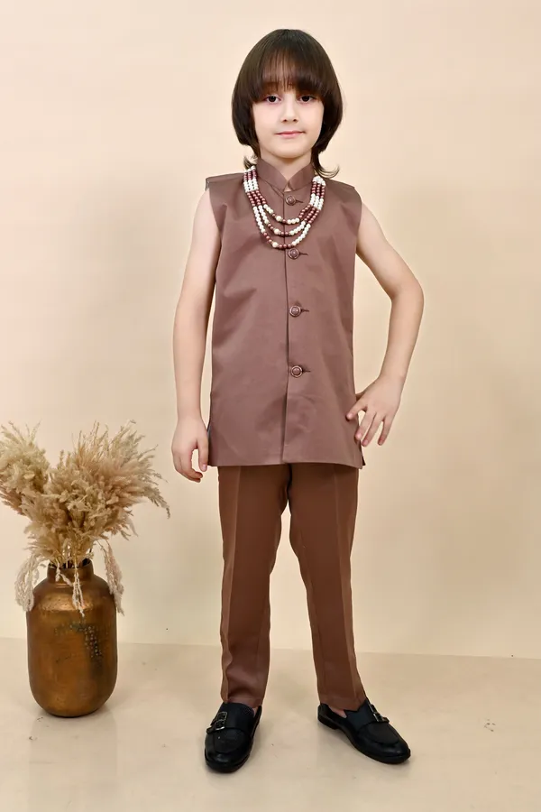 Coffee_Brown_Satin_Blend_Sherwani_And_Churidar_Set_Ethnic_Motifs_For_Boys