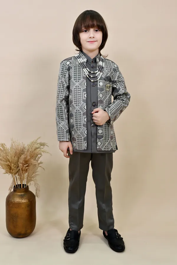 Charcoal_Grey_Satin_Blend_Sherwani_And_Churidar_Set_Ethnic_Motifs_For_Boys