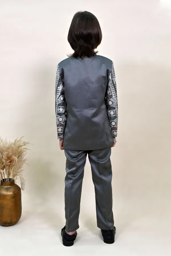 Charcoal_Grey_Satin_Blend_Sherwani_And_Churidar_Set_Ethnic_Motifs_For_Boys