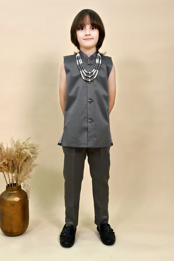 Charcoal_Grey_Satin_Blend_Sherwani_And_Churidar_Set_Ethnic_Motifs_For_Boys