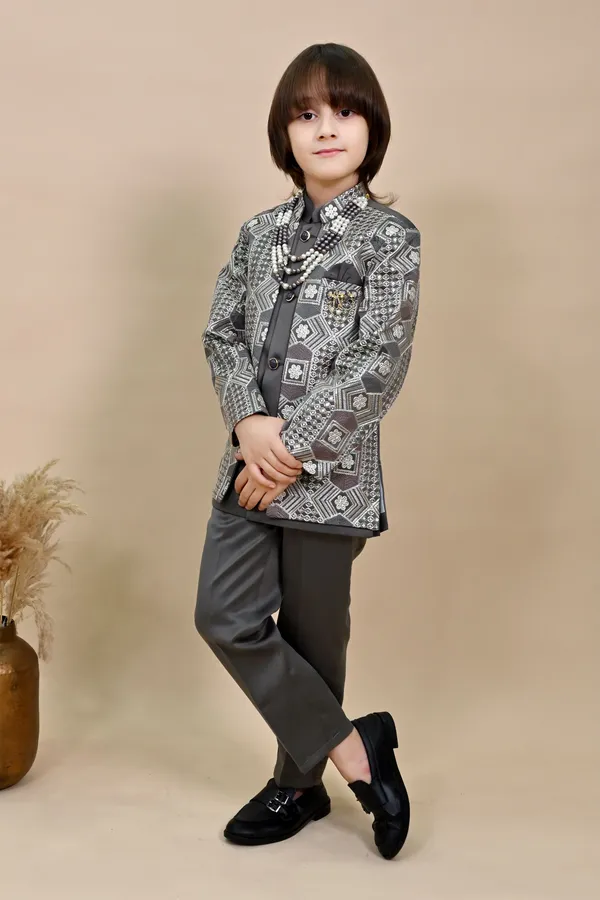Charcoal_Grey_Satin_Blend_Sherwani_And_Churidar_Set_Ethnic_Motifs_For_Boys