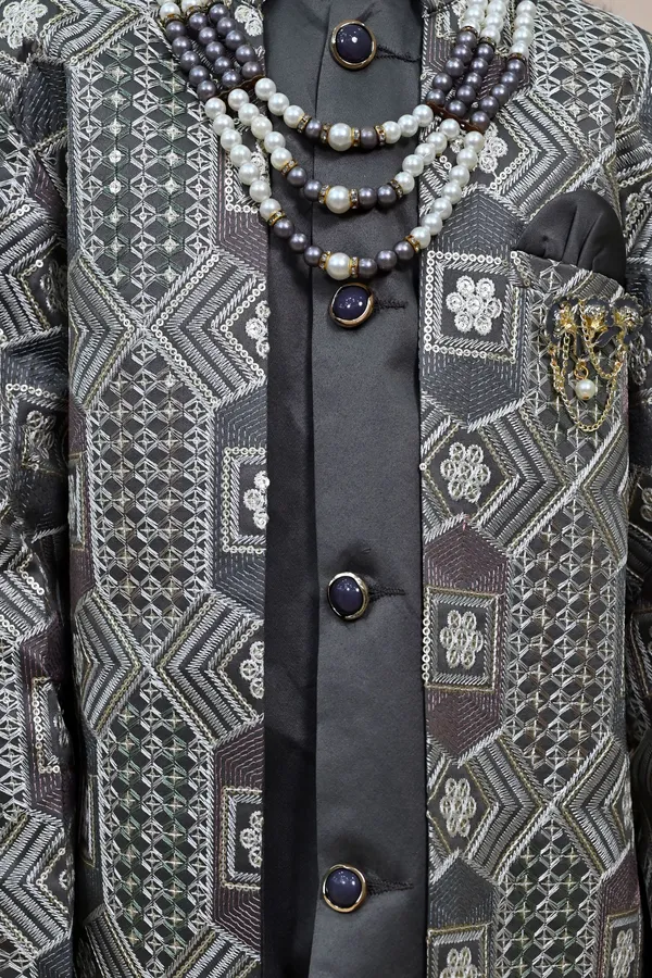 Charcoal_Grey_Satin_Blend_Sherwani_And_Churidar_Set_Ethnic_Motifs_For_Boys