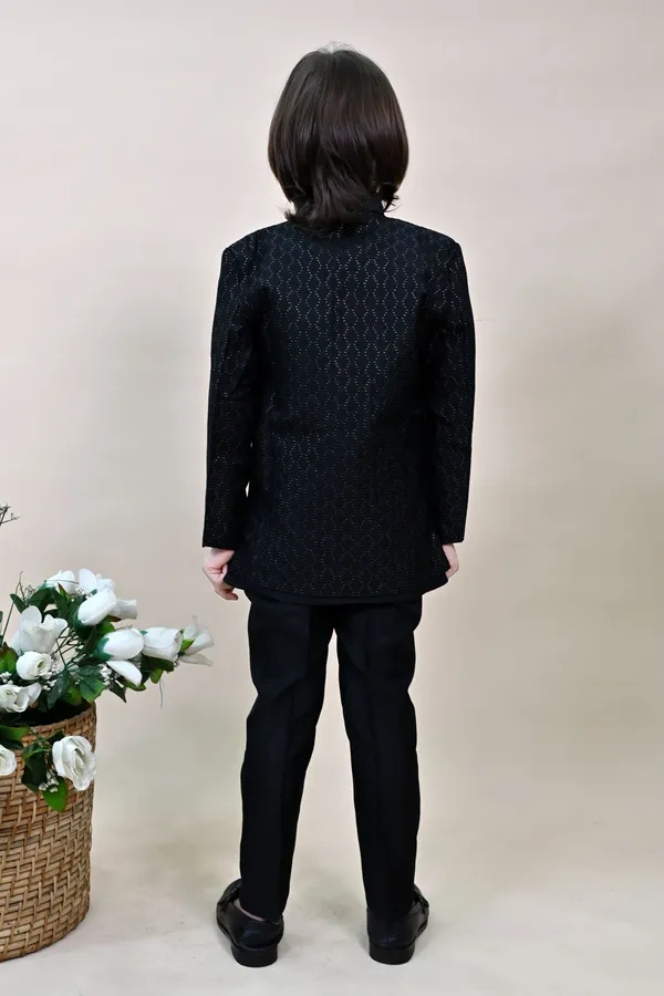 Black_Silk_Blend_Sherwani_And_Churidar_Set_Self_Design_For_Boys
