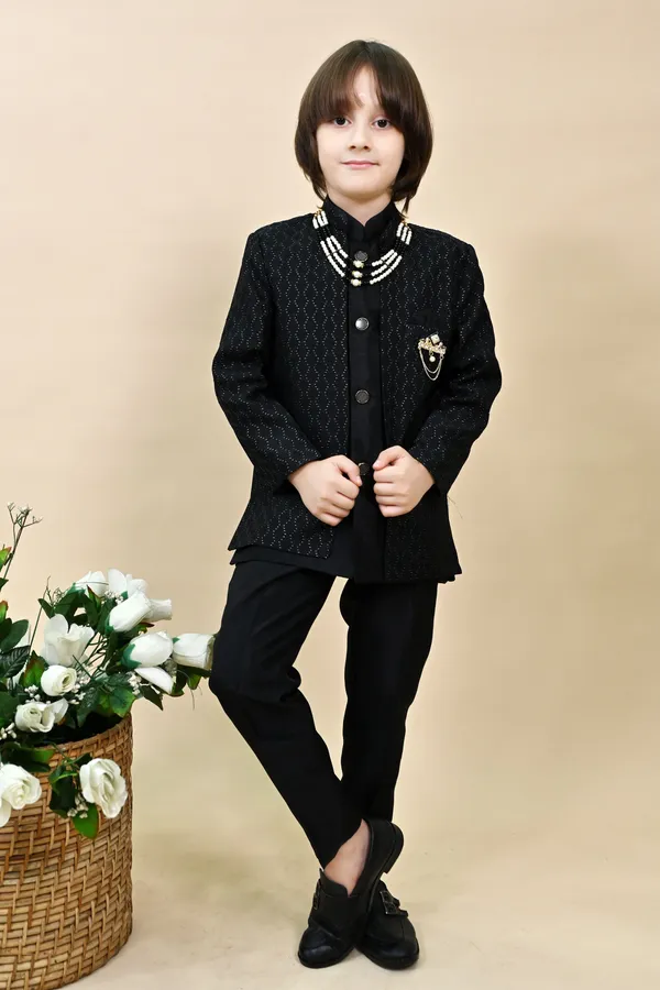 Black_Silk_Blend_Sherwani_And_Churidar_Set_Self_Design_For_Boys