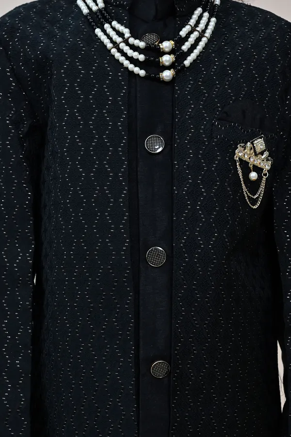 Black_Silk_Blend_Sherwani_And_Churidar_Set_Self_Design_For_Boys