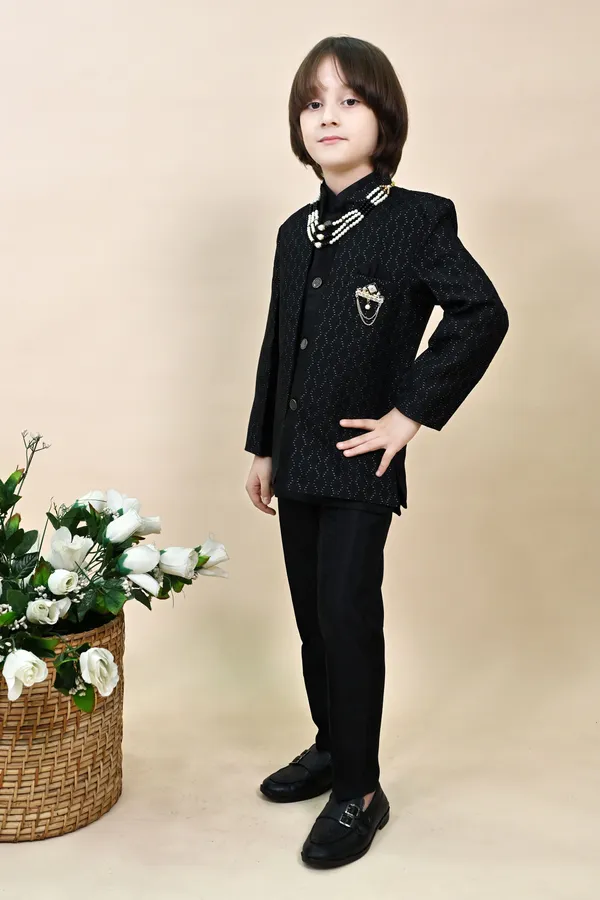 Black_Silk_Blend_Sherwani_And_Churidar_Set_Self_Design_For_Boys