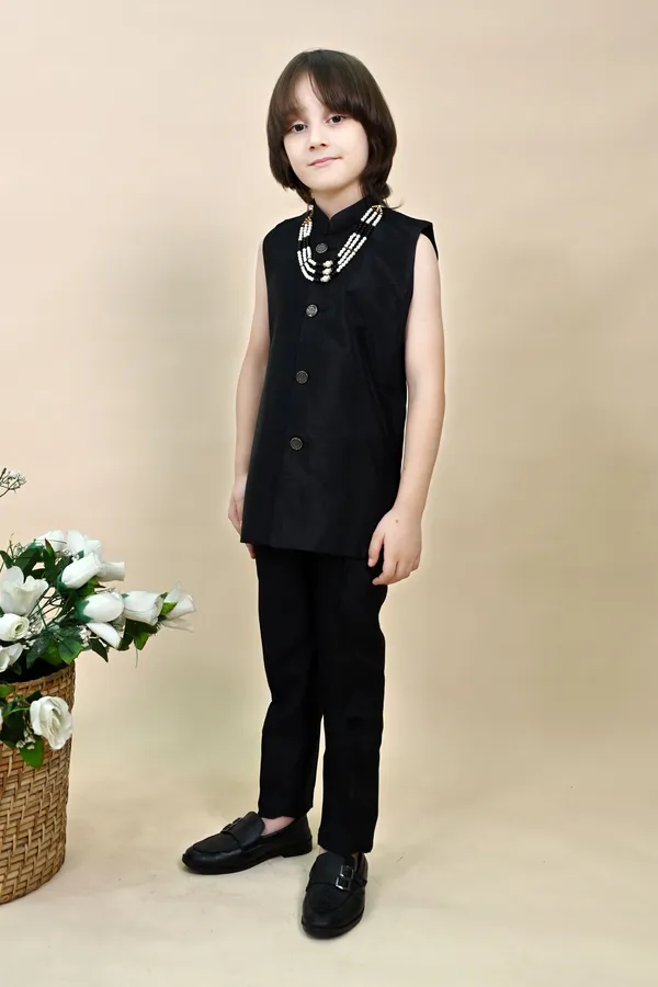 Black_Silk_Blend_Sherwani_And_Churidar_Set_Self_Design_For_Boys