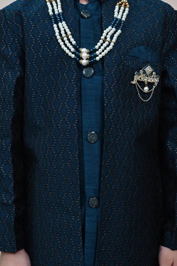 Royal_Blue_Silk_Blend_Sherwani_And_Churidar_Set_Self_Design_For_Boys