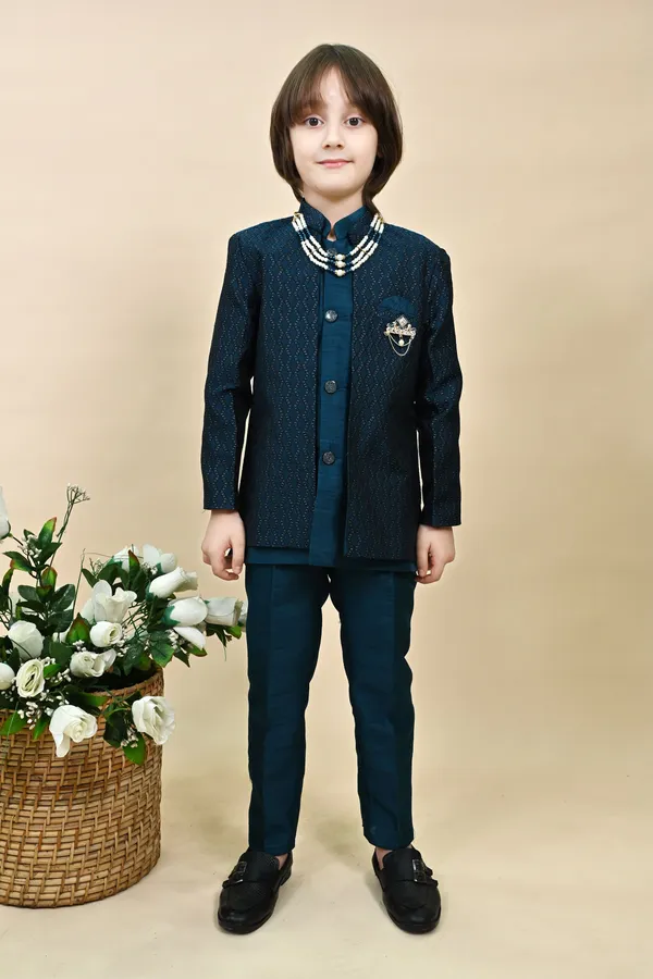 Royal_Blue_Silk_Blend_Sherwani_And_Churidar_Set_Self_Design_For_Boys