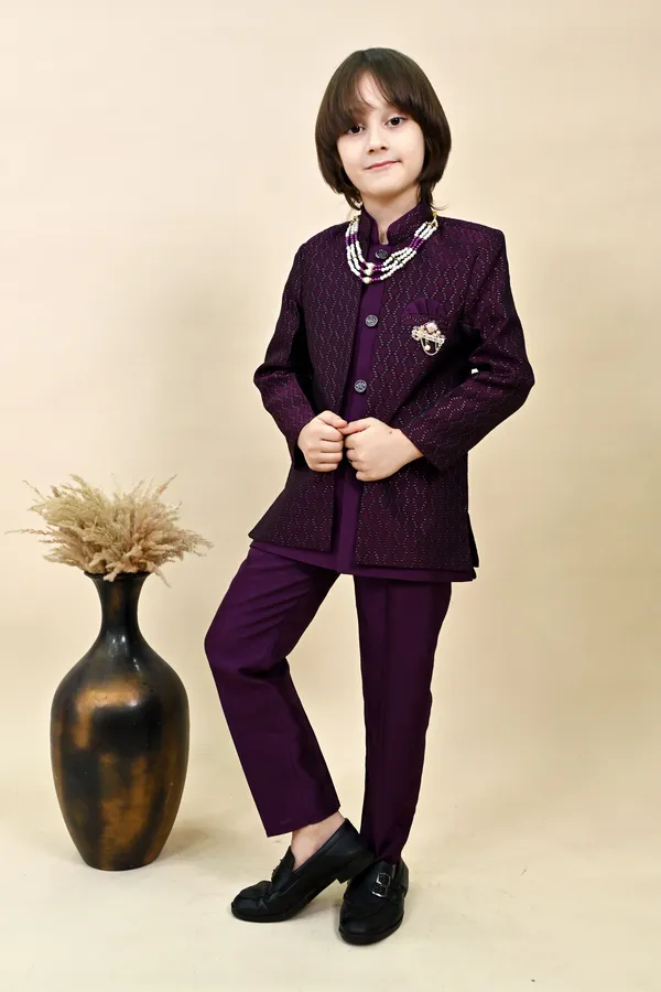 Wine_Silk_Blend_Sherwani_And_Churidar_Set_Self_Design_For_Boys