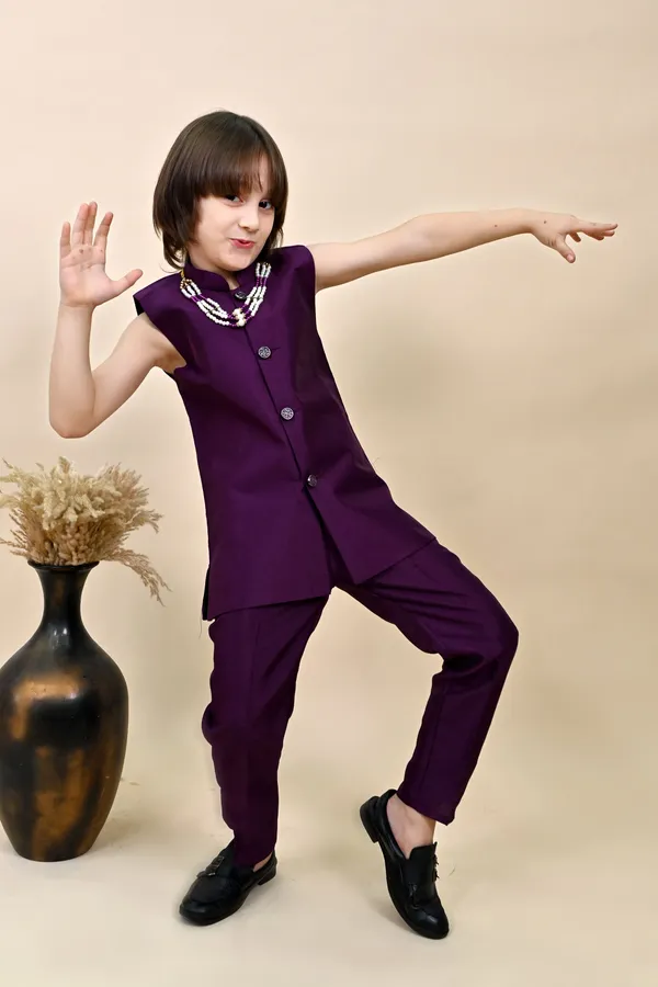 Wine_Silk_Blend_Sherwani_And_Churidar_Set_Self_Design_For_Boys