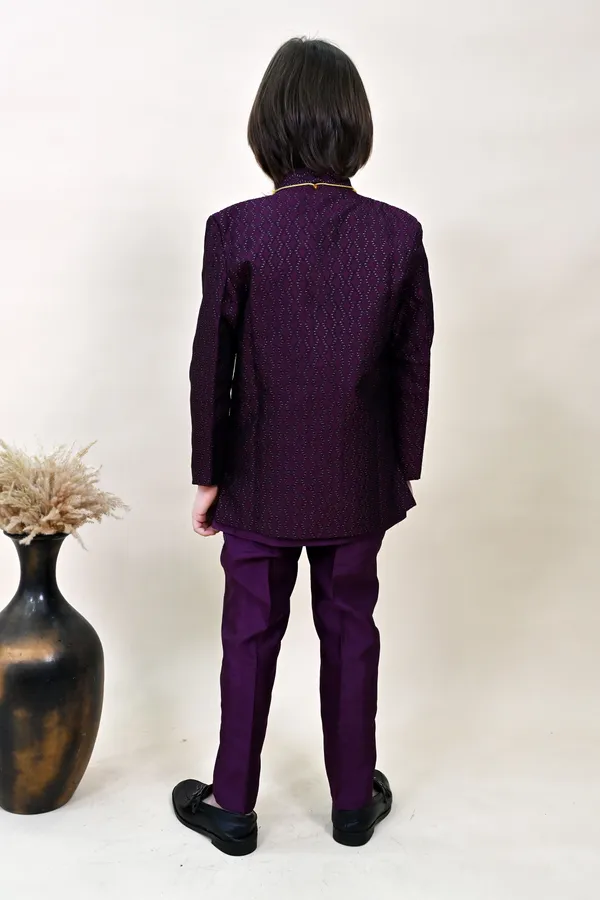 Wine_Silk_Blend_Sherwani_And_Churidar_Set_Self_Design_For_Boys