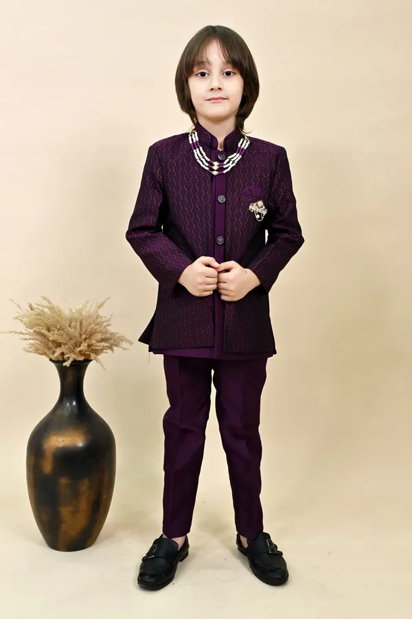Wine_Silk_Blend_Sherwani_And_Churidar_Set_Self_Design_For_Boys