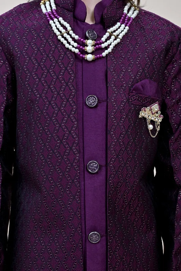 Wine_Silk_Blend_Sherwani_And_Churidar_Set_Self_Design_For_Boys