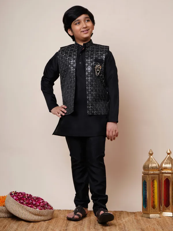Black_Cotton_Silk_Kurta,_Waistcoat_And_Pyjama_Set_Ethnic_Motifs_|Solid_For_Boys