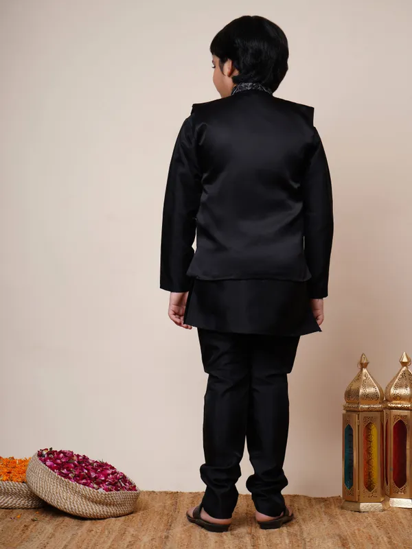 Black_Cotton_Silk_Kurta,_Waistcoat_And_Pyjama_Set_Ethnic_Motifs_|Solid_For_Boys