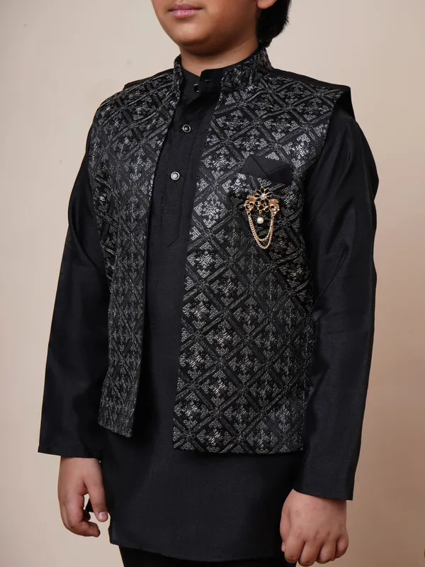 Black_Cotton_Silk_Kurta,_Waistcoat_And_Pyjama_Set_Ethnic_Motifs_|Solid_For_Boys