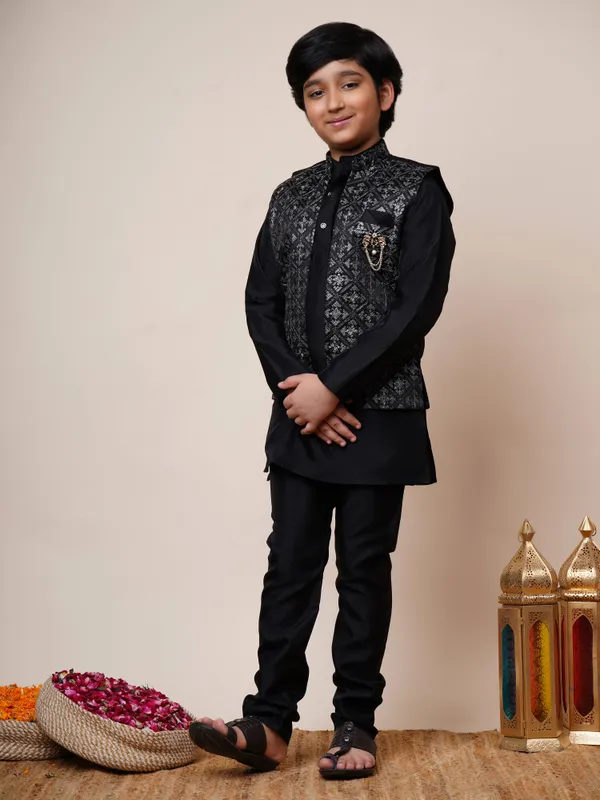 Black_Cotton_Silk_Kurta,_Waistcoat_And_Pyjama_Set_Ethnic_Motifs_|Solid_For_Boys