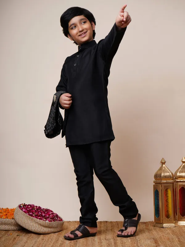 Black_Cotton_Silk_Kurta,_Waistcoat_And_Pyjama_Set_Ethnic_Motifs_|Solid_For_Boys
