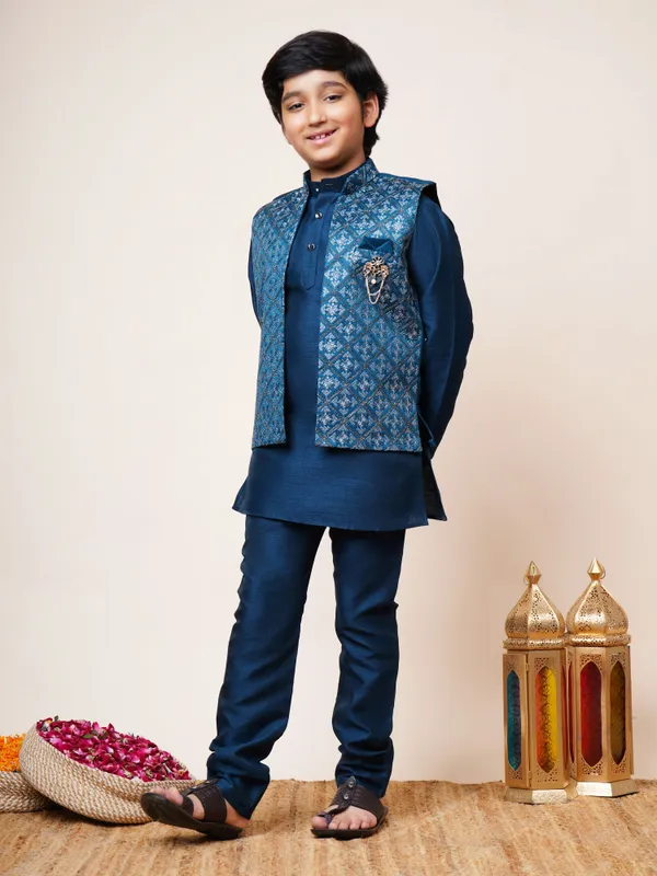 Royal_Blue_Cotton_Silk_Kurta,_Waistcoat_And_Pyjama_Set_Ethnic_Motifs_|Solid_For_Boys