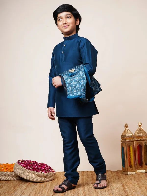 Royal_Blue_Cotton_Silk_Kurta,_Waistcoat_And_Pyjama_Set_Ethnic_Motifs_|Solid_For_Boys