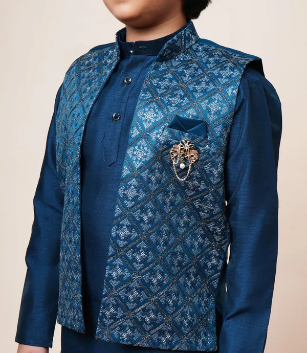 Royal_Blue_Cotton_Silk_Kurta,_Waistcoat_And_Pyjama_Set_Ethnic_Motifs_|Solid_For_Boys