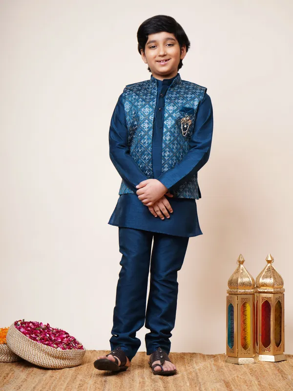 Royal_Blue_Cotton_Silk_Kurta,_Waistcoat_And_Pyjama_Set_Ethnic_Motifs_|Solid_For_Boys