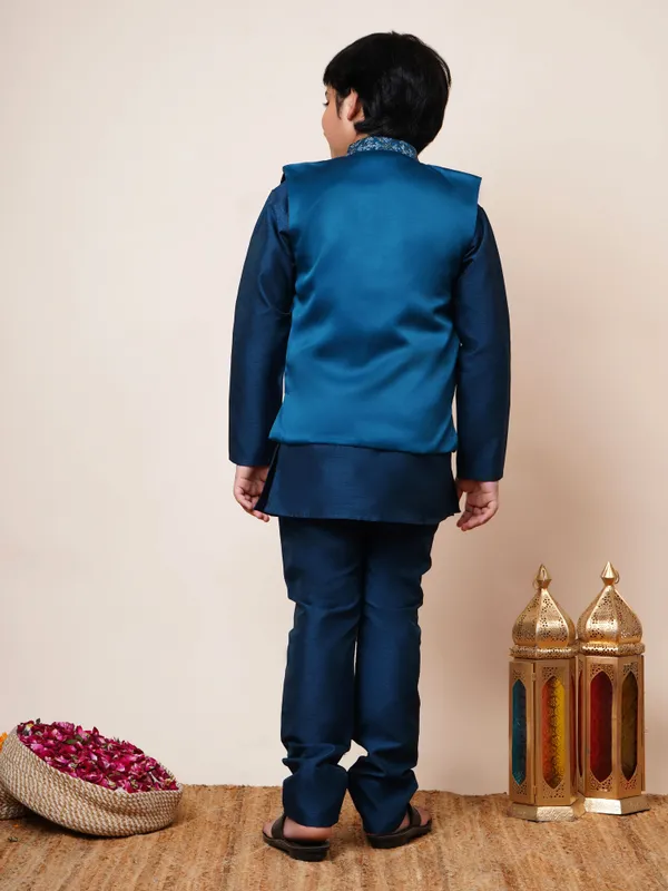 Royal_Blue_Cotton_Silk_Kurta,_Waistcoat_And_Pyjama_Set_Ethnic_Motifs_|Solid_For_Boys