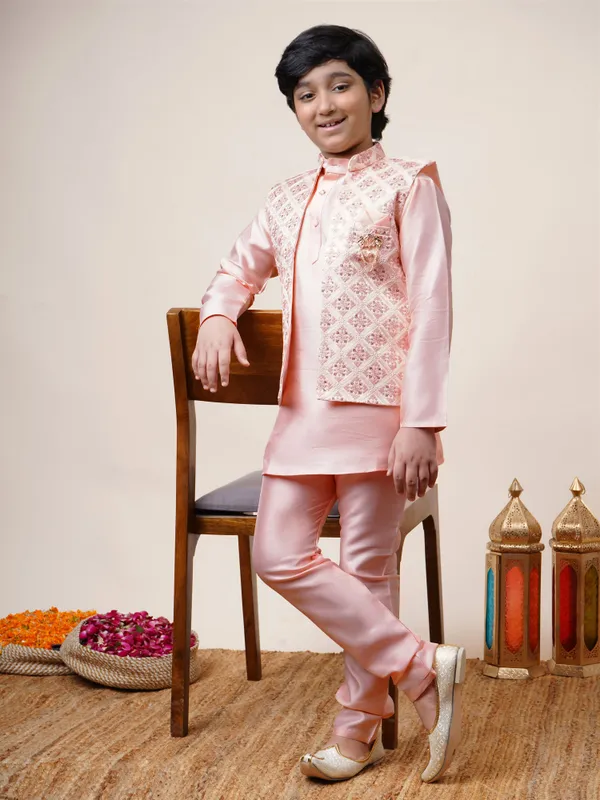 Light_Pink_Cotton_Silk_Kurta,_Waistcoat_And_Pyjama_Set_Ethnic_Motifs_|Solid_For_Boys