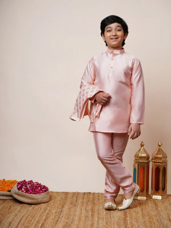 Light_Pink_Cotton_Silk_Kurta,_Waistcoat_And_Pyjama_Set_Ethnic_Motifs_|Solid_For_Boys