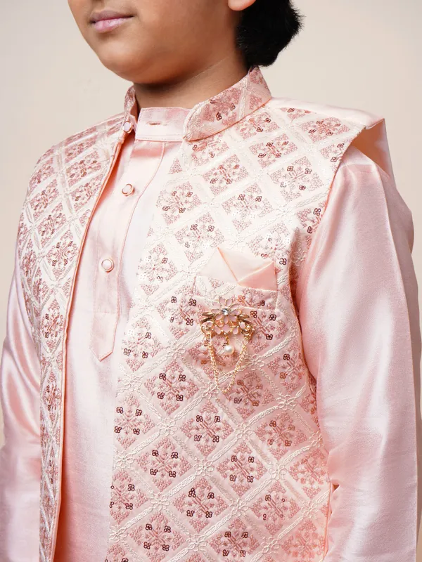 Light_Pink_Cotton_Silk_Kurta,_Waistcoat_And_Pyjama_Set_Ethnic_Motifs_|Solid_For_Boys