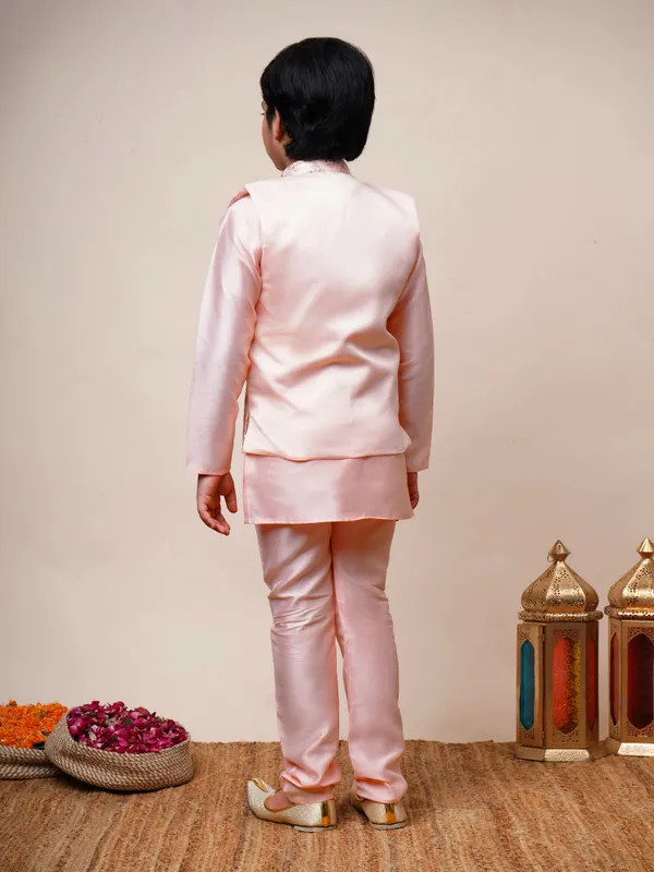Light_Pink_Cotton_Silk_Kurta,_Waistcoat_And_Pyjama_Set_Ethnic_Motifs_|Solid_For_Boys