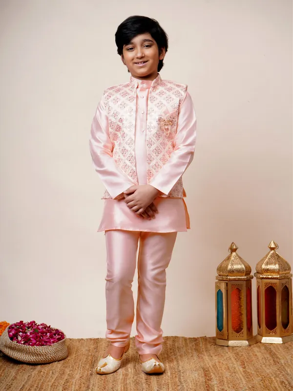 Light_Pink_Cotton_Silk_Kurta,_Waistcoat_And_Pyjama_Set_Ethnic_Motifs_|Solid_For_Boys
