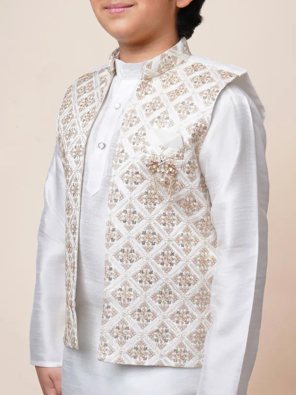 Off_White_Cotton_Silk_Kurta,_Waistcoat_And_Pyjama_Set_Ethnic_Motifs_|Solid_For_Boys