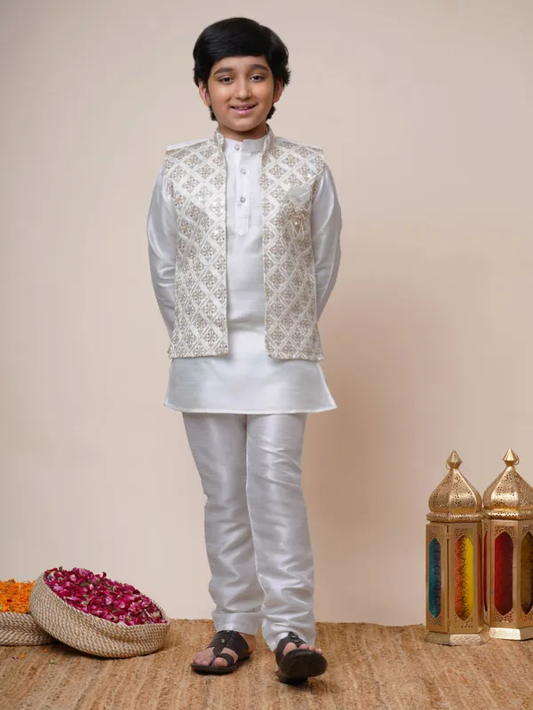 Off_White_Cotton_Silk_Kurta,_Waistcoat_And_Pyjama_Set_Ethnic_Motifs_|Solid_For_Boys