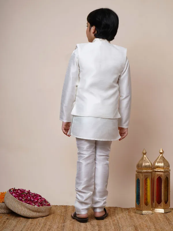 Off_White_Cotton_Silk_Kurta,_Waistcoat_And_Pyjama_Set_Ethnic_Motifs_|Solid_For_Boys