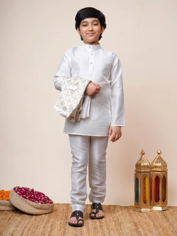 Off_White_Cotton_Silk_Kurta,_Waistcoat_And_Pyjama_Set_Ethnic_Motifs_|Solid_For_Boys