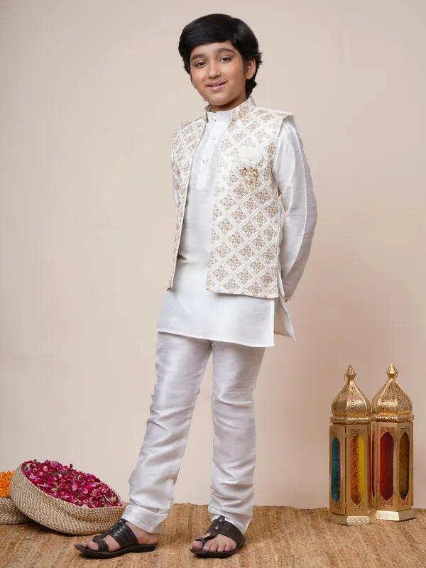 Off_White_Cotton_Silk_Kurta,_Waistcoat_And_Pyjama_Set_Ethnic_Motifs_|Solid_For_Boys