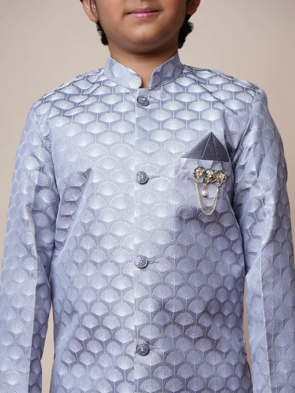 Grey_Jacquard_Sherwani_And_Churidar_Set_Ethnic_Motifs_For_Boys
