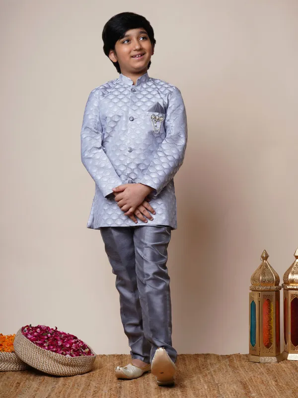 Grey_Jacquard_Sherwani_And_Churidar_Set_Ethnic_Motifs_For_Boys