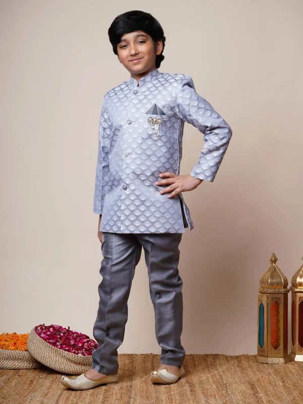 Grey_Jacquard_Sherwani_And_Churidar_Set_Ethnic_Motifs_For_Boys