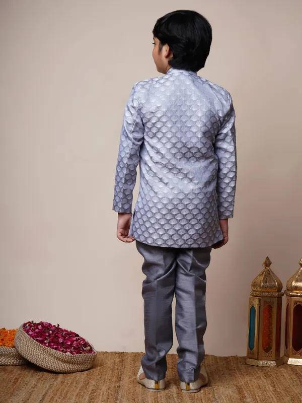 Grey_Jacquard_Sherwani_And_Churidar_Set_Ethnic_Motifs_For_Boys